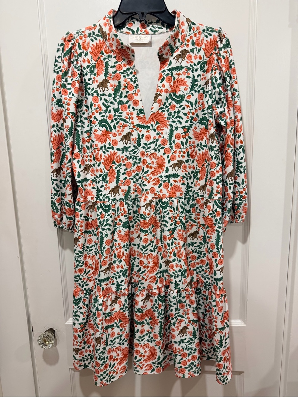 Floral Tiered V-Neck Dress in Orange & Green